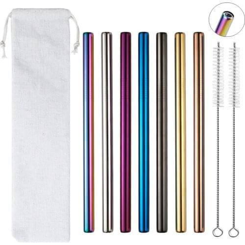 7 Pcs 12mm Reusable Boba Drinking Straws 304 Stainless Steel Straws Set with Brushes Wide Metal Straw for Bubble Tea Milkshakes