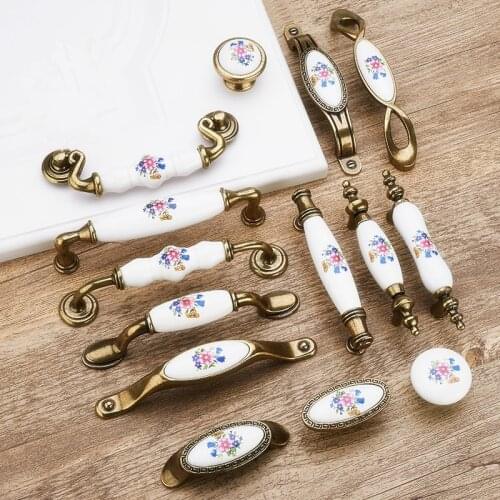 Antique Bronze Ceramic Cabinet Handles Zinc Alloy Drawer Knobs Wardrobe Door Handles Morning Glory European Furniture Handle
