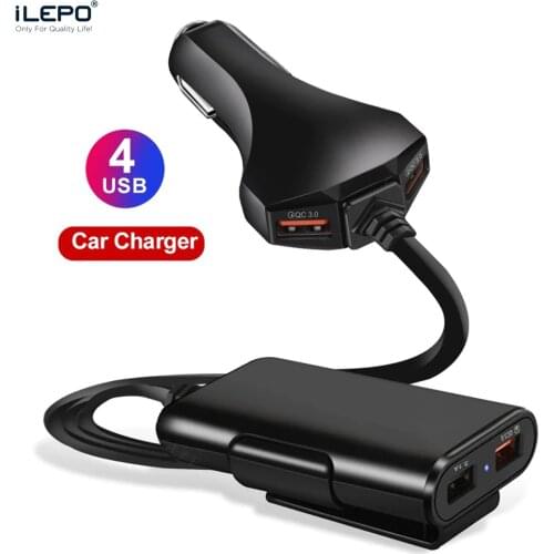 ILEPO 4 USB Car Fast Charger qc3.0 Quick Charging For iPhone Xiaomi Mobile Phone Car Front Back Seat Charger 60W With 1.7M Cable