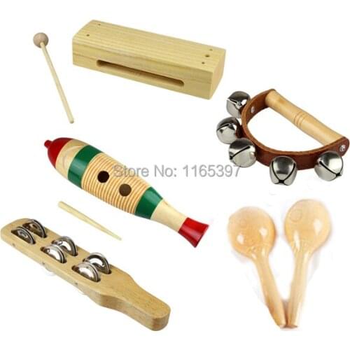 Free ship fine quality affordable 1 set 5pc children kids wooden metal percussion musical instrument set music early education