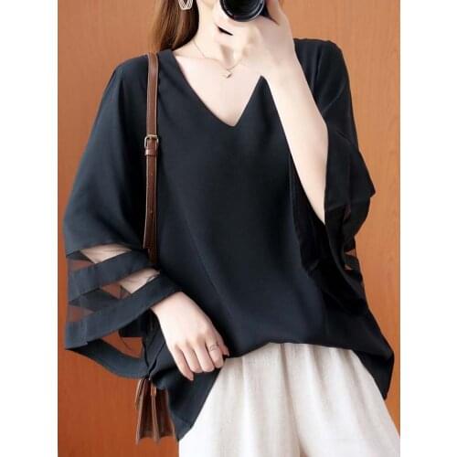 Oversized Loose Chiffon Women T-Shirts Summer New 2021 V-Neck Flare Sleeved Solid Female Pulls Tops Tees