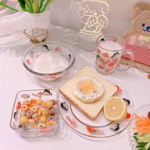 Fruit salad bowl milk cup transparent glass bowl glass plate girl heart tableware