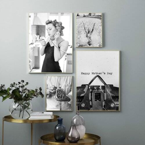 Black White Swimming Girl Vintage Camera Fashion Poster Quotes Canvas Art Print Nordic Wall Picture Painting Modern Home Decor