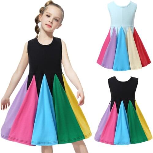 Brand Girls Dress New Arrival Fashion Girls Summer Rainbow Tutu Dress Sleeveless Patchwork Color Kids 2nd Birthday Party Dress