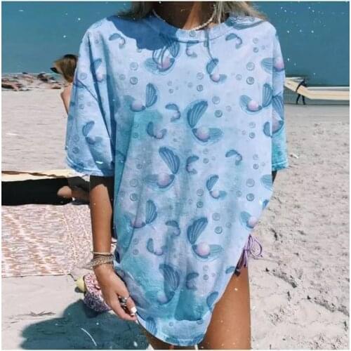 Vintage Tie Dye Blue Print Graphic T Shirts Women Streetwear Top Short Sleeve Casual T Shirt Kawaii Clothes Summer Plus Size New