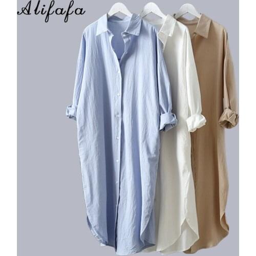 Cotton Women Blouse Shirt Summer New Linen Cottons Casual Plus Size Womans Long Section Shirts White/Blue