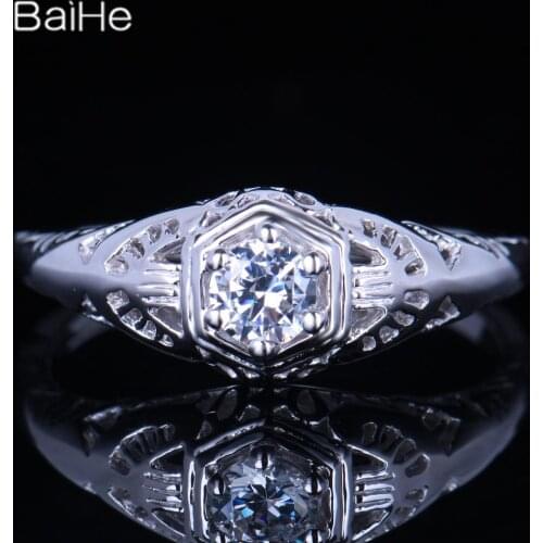 BAIHE Solid 14K White Gold 0.23CT Genuine AAA Graded Cubic Zirconia/Flawless Women Vintage Fine Jewelry Cubic Zirconia Ring