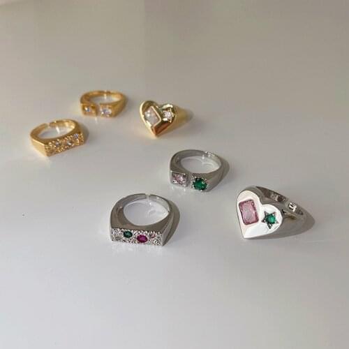 Korean Fashion Simple Gold Silver Color Metal Color Zircon Heart Open Adjustable Ring for Women Girls Jewelry Gifts Whole Sale