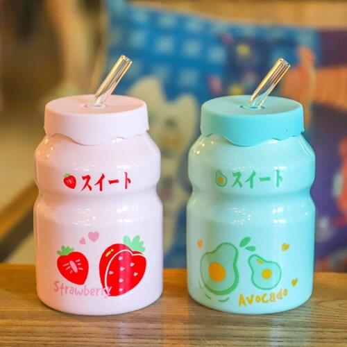 Creative Cartoon Cute Strawberry Ceramic Mug With Straw Office Milk Fruit Juice Water Bottle Children Yakult Drinking Water Cups
