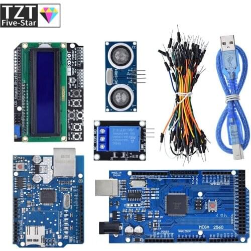 Mega 2560 r3 for arduino kit + HC-SR04 +breadboard cable + relay module+ W5100 UNO shield + LCD 1602 Keypad shield