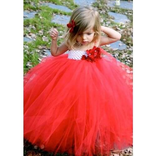 Cute Girls Red Tutu Dresses Kids Handmade Fluffy Crochet Tulle Tutus Ball Gown with Flowers Children Wedding Party Dress Clothes