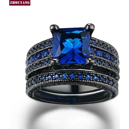Vintage Blue Square Crystal Ring Set Black Gold Color Cocktail Party Rings For Women Man Top Quality ZYR692