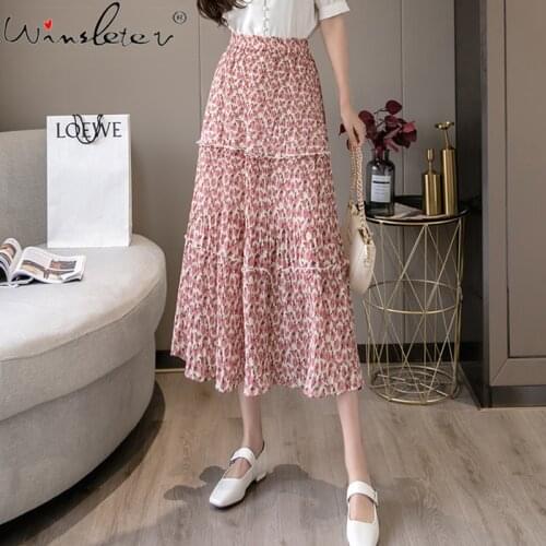 Summer 2020 New Womens Floral Print Chiffon Midi Cake Skirt Elascity High Waist Sweet Girls Saia Faldas Bottoms юбка B04915B