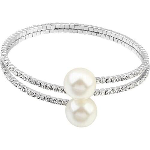New Arrive Women Full Crystal Rhinestones Multi-layer Bracelet Faux Pearl Cuff Open Bangle