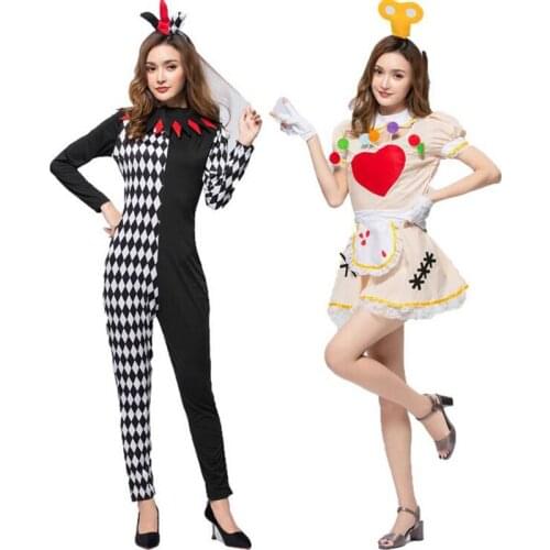New Halloween Circus Clown Costumes sexy Women black white plaid Funny Clown Circus Cosplay Costumes Actress dress jumpsuit