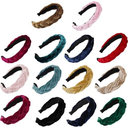 Ethnic Style Glitter Velvet Wide Headband Women Girls Thick Handmade Braided Hair Hoop Bright Solid Color Twists Tiara Headwear
