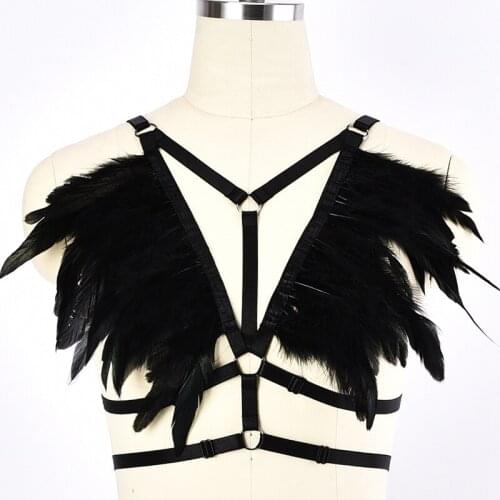 Wholesale Black Feather Bondage Body Cage Harness Belt Women Sexy Lingerie Bra Feather Punk Body Belt Bra Goth Rave Body Harnes