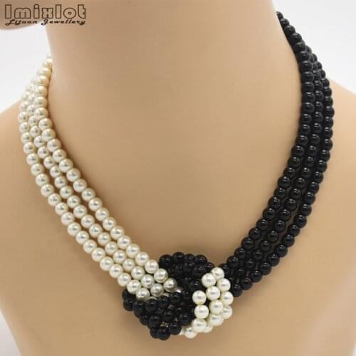 3 Layer Black White Pearls Necklace for Women Middle Knotted Simulated Pearl Statement Choker Necklace Fashion Jewelry