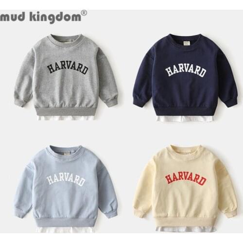 Mudkingdom Boy Pullover Sweatshirts Crew Neck Long Sleeve Letter Patchwork Hem Tops Toddler Drop Shoulder Fashion Boys Clothing