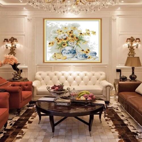 Daisies and blue and white porcelain Cross Stitch Kits Printed pattern canvas Embroidery Needlework set Cross-stitch Home Decor