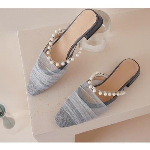 Mules Clogs slippers women Summer shoes Beige Pearl Women Flat Basic Clog Wedge Slipper Shoes Female Temperament Sandal