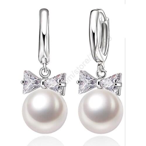 Fashion 925 Sterling Silver Crystal White Freshwater Pearl Hoop Earrings For Woman Retro Bow Tie Wedding Fine Jewelry