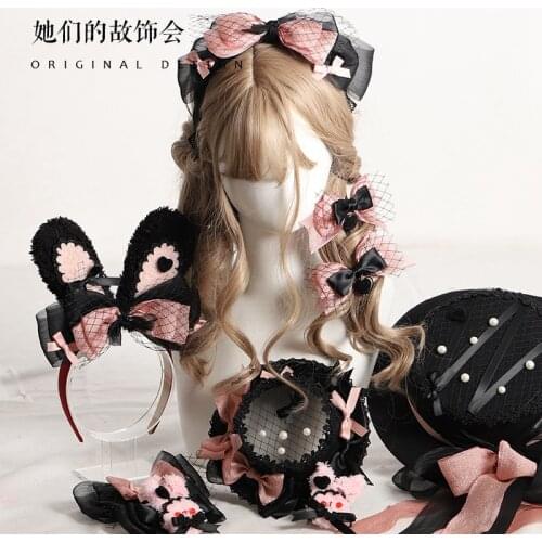 Lolita Headwear Black Pink Sweet France Flat Hat Rabbit Ear KC Hair band Soft Girl Net yarn Bowknot Hair Hoop Hairpin Accessorie