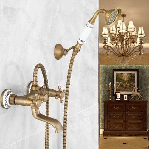 Solid Brass Antique Shower Faucet Wall Mount with Fix Handle Holder Retro Hot Cold Shower Faucet Hot and Cold Water Shower Set