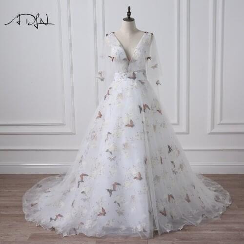 ADLN Deep V-neck Photography Wedding Dresses with Butterfly Print Flare Sleeve Court Train A-line Bridal Gown