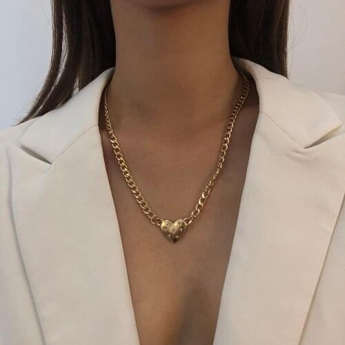 Lalynnly Chunky Thick Miami Choker Rhinestone Necklace Statement Love Heart Pendant Necklaces For Women Jewelry AccessoriesN7906