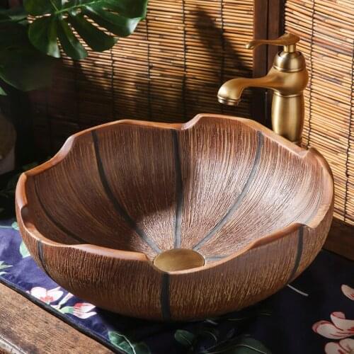 Flower shape brown Europe style chinese washbasin sink Jingdezhen Art Counter Top bathroom sink porcelain ceramic wash basin