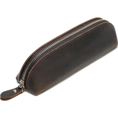 Vintage Handmade Genuine Leather Pen Bag Women Clutch Bag Cowhide Zipper Men Bag Women Children Long Pencil Case Holder Key Case