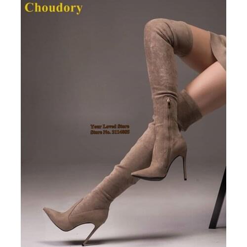 Choudory Apricot Suede Over The Knee Boots Fall Winter Thin High Heels Thigh High Boots Gladiator Dress Boots Size47 Dropship
