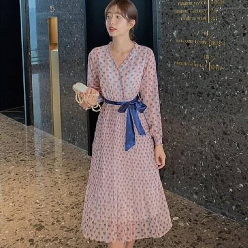Women Floral Striped Chiffon Pleated Dress Elegant Casual Party Dresses Fall Autumn Spring 2021 Runway Long Sleeve Korean Dress