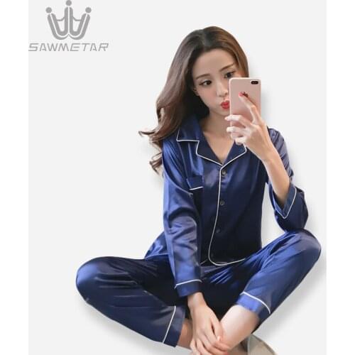 Womens Sleepwear Sexy Silk Satin Pajama Sets Turn-down Collar Pyjamas Women Long Sleeve Pijama 2 Pieces Sets Top and Pant