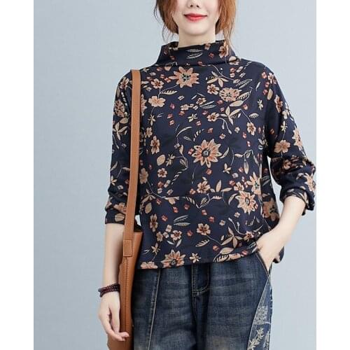 Women Long Sleeve Casual T-shirts New Arrival 2021 Autumn Vintage Style Turtleneck Floral Print Loose Female Tops Tees B1011
