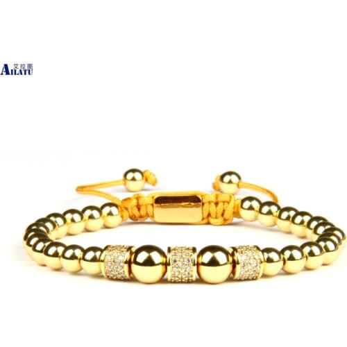 Ailatu New Luxury Men Micro Pave Cylinders Braiding Bracelet with 6mm Stainless Steel round Beads Customizable Logo