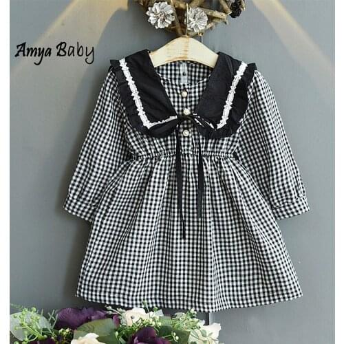 Back To School Kids Dresses Long Sleeve Plaid Peter Pan Collar Spring Autumn Princess Christmas Girls Clothing