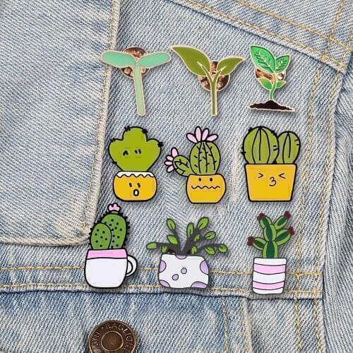 9 Styles Mini Potted Plant Enamel Pins Green Cactus Buds Grass Brooches Women Men Lapel Pins Badge Fashion Cartoon Jewelry Gift