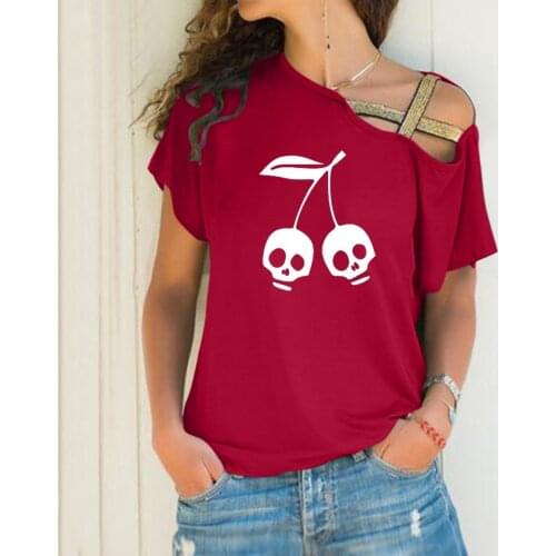 Cold One Shoulder Fashion T Shirt Women Skulls Printed Tops Graphic Tee For Woman Skew Collar Cartoon Tshirt Female Streetwear