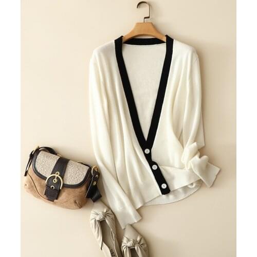 100% cashmere deep v necck buttons contrast cardigan women elegant casual autumn winter fashion outerwear knitted chic sweaters