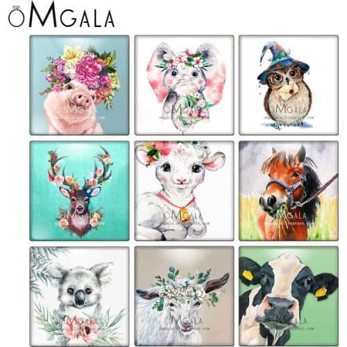 Watercolor Pig Horse Owl Animals Art Paintings Square 10pcs mixed 10mm-30mm photo glass cabochon demo flat back Making findings