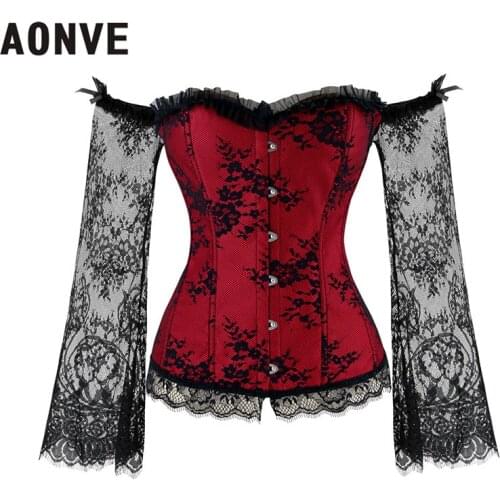 AONVE Women Steampunk Corsets Sexy Lace Long Sleeve Corselet Lace Up Off Shoulder Bustiers Gothic Gorset Tops Waist Trainer