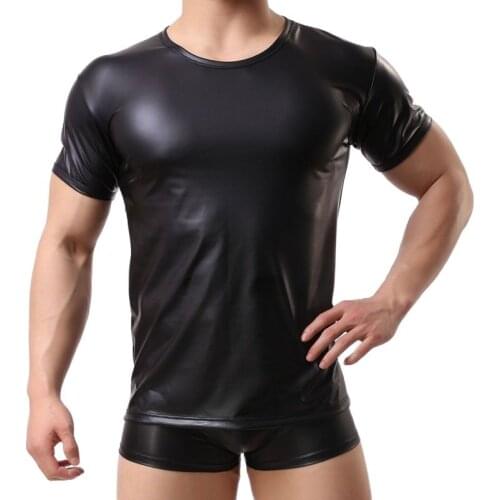 Cool Man Soft Comfortable Short Sleeve O Collar T-shirt Faux Leather Short Sleeve Shirt Hot Sexy Club Dance Clothing Justaucorps