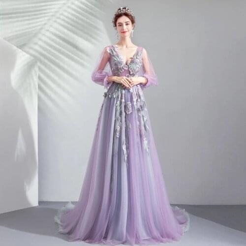 Lilac Tulle Floral Prom Dresses Applique Flare Sleeves Floor Length Formal Women Party Dresses Sexy V Neck Lavender Evening Gown