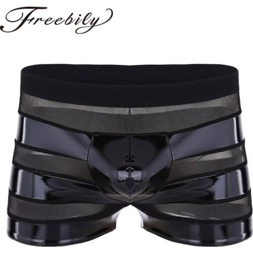Mens Bulge Pouch Sexy Underwear Lingerie Wetlook Faux Leather Mesh Patchwork Stripe Boxer Shorts Costumes Gay Male Panties