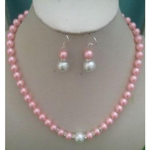 New hot 8-12MM Pink /White South Sea Shell Pearl necklace earrings set AAA Grade 18"
