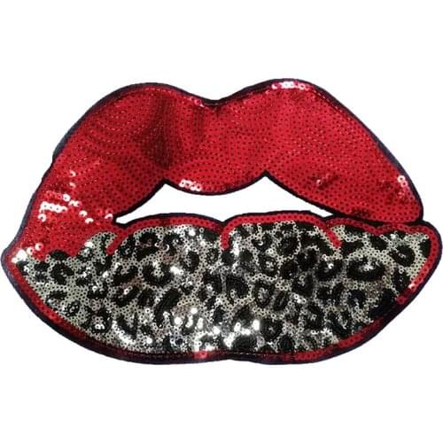 New Arrival Large Leopard Print Lips Patches for Clothes Iron on Sequins Patch DIY Decoration Mouth Sequined Applique