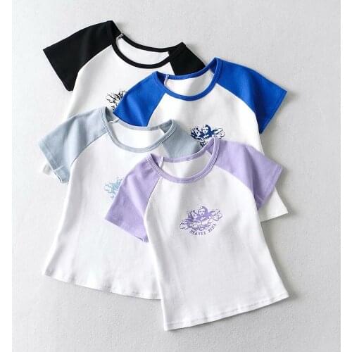New Products European and American Fashion Trend Ins Angel Print Shoulder Blocking Color Short Sleeve T-Shirt Top Dlsy2486