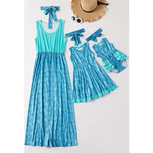 Family Matching Outfits Summer Retro Print Sleeveless Ruffled Bow Dress Mother and Daughter Parent Child Wear Girls Baby Clothes